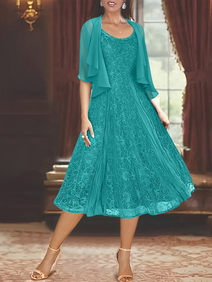 Robe de Mère de la Mariée Coupe A-Line/Princess à Manches Mi-Longues et Décolleté Plongeant avec Appliques et châle