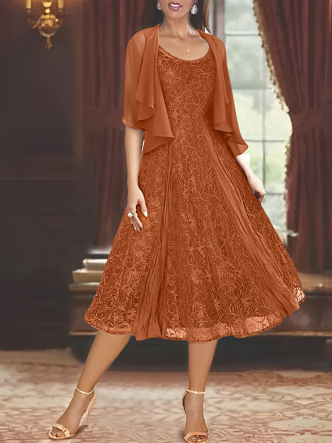 Robe de Mère de la Mariée Coupe A-Line/Princess à Manches Mi-Longues et Décolleté Plongeant avec Appliques et châle