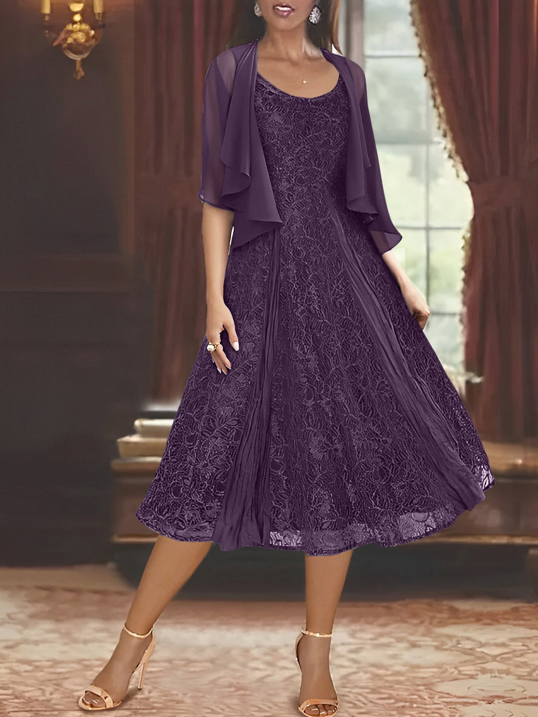 Robe de Mère de la Mariée Coupe A-Line/Princess à Manches Mi-Longues et Décolleté Plongeant avec Appliques et châle