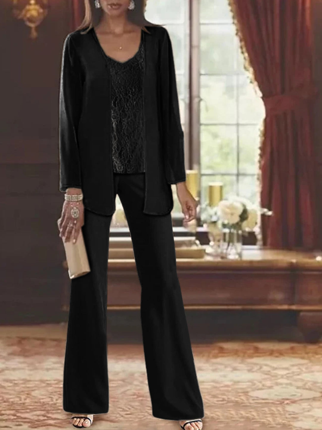 Tailleur-Pantalon en Mousseline de Soie avec Veste pour Mère de la Mariée