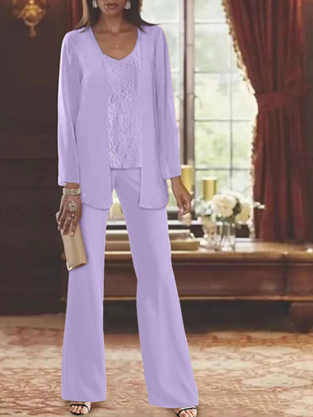 Tailleur-Pantalon en Mousseline de Soie avec Veste pour Mère de la Mariée