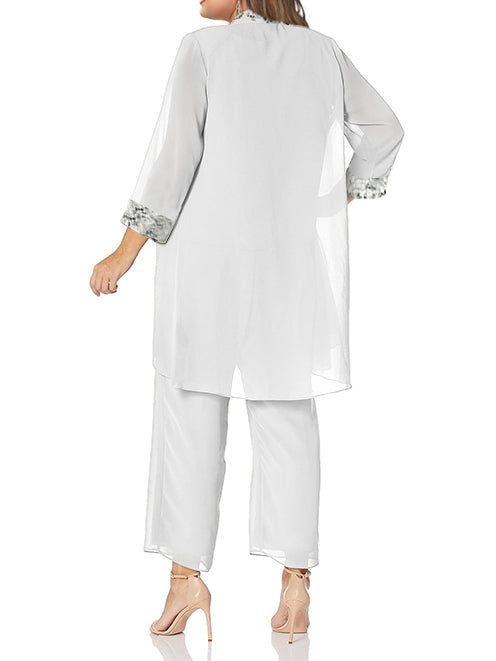 Tailleur-Pantalon en Mousseline à Col Rond et Longueur Au Sol pour Mère de la Mariée avec Veste