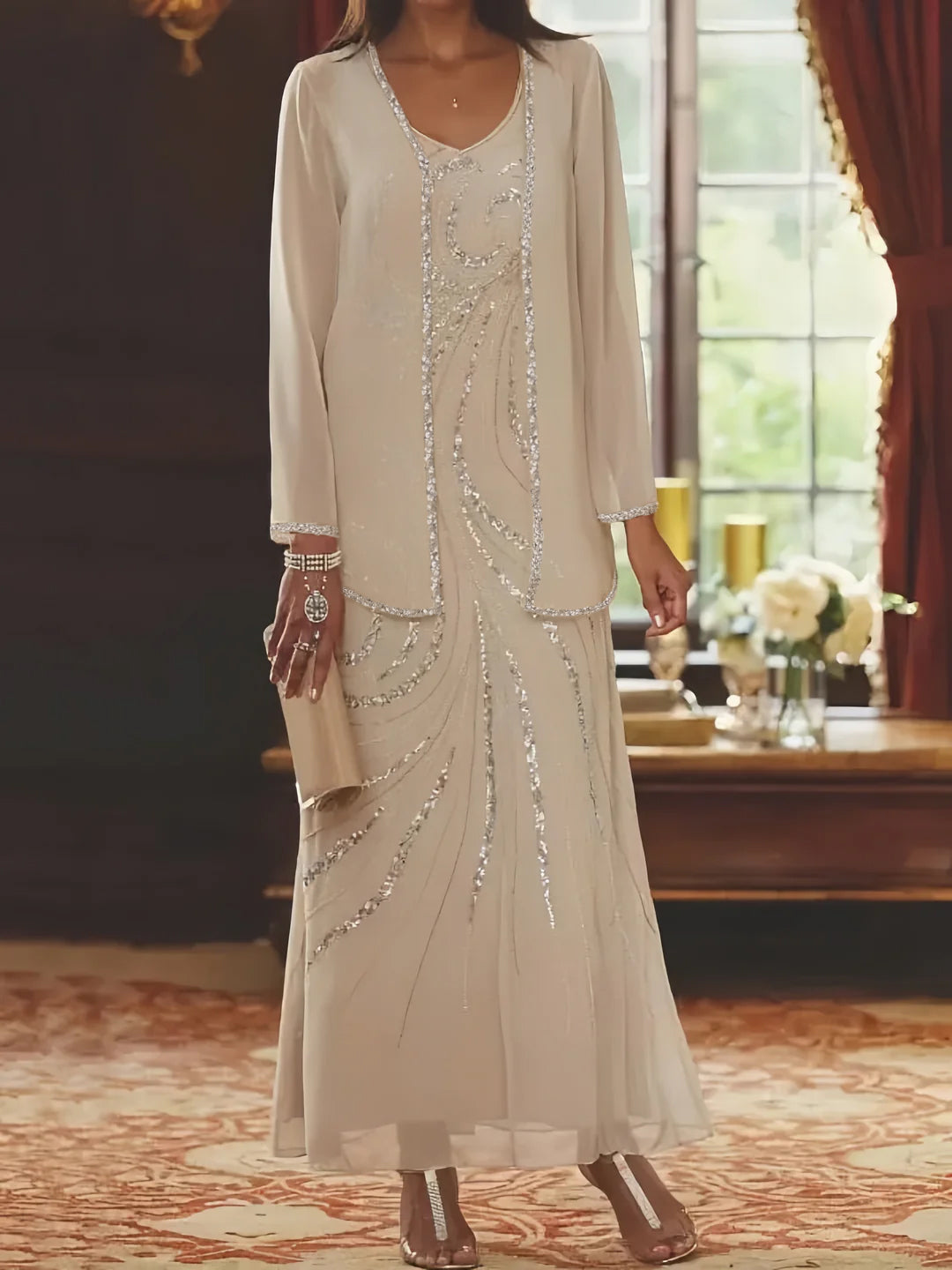 Robe de Mère de la Mariée Fourreau/Colonne à Col en V et Longueur Cheville avec Veste et Paillettes