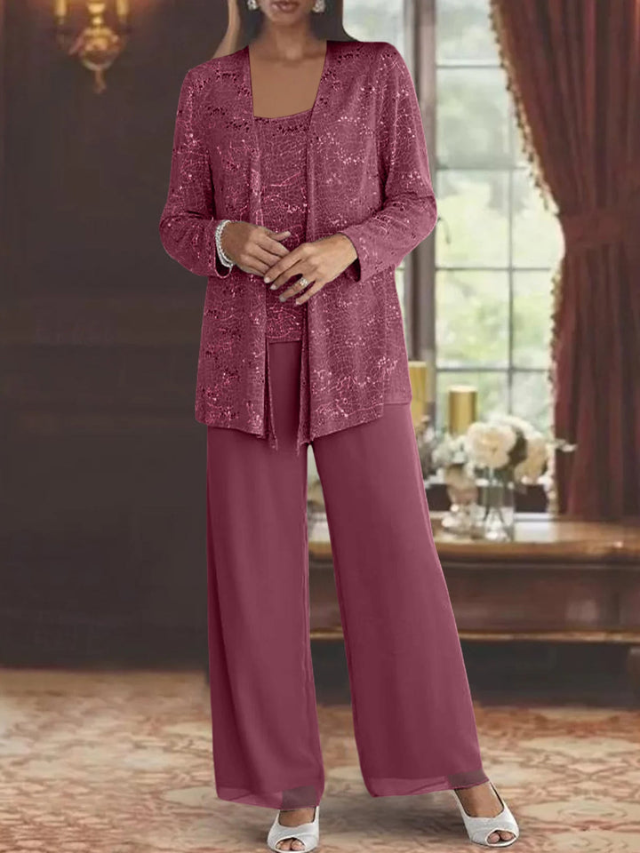 Tailleur-Pantalon en Mousseline de Soie pour Mère de la Mariée avec Veste et Paillettes