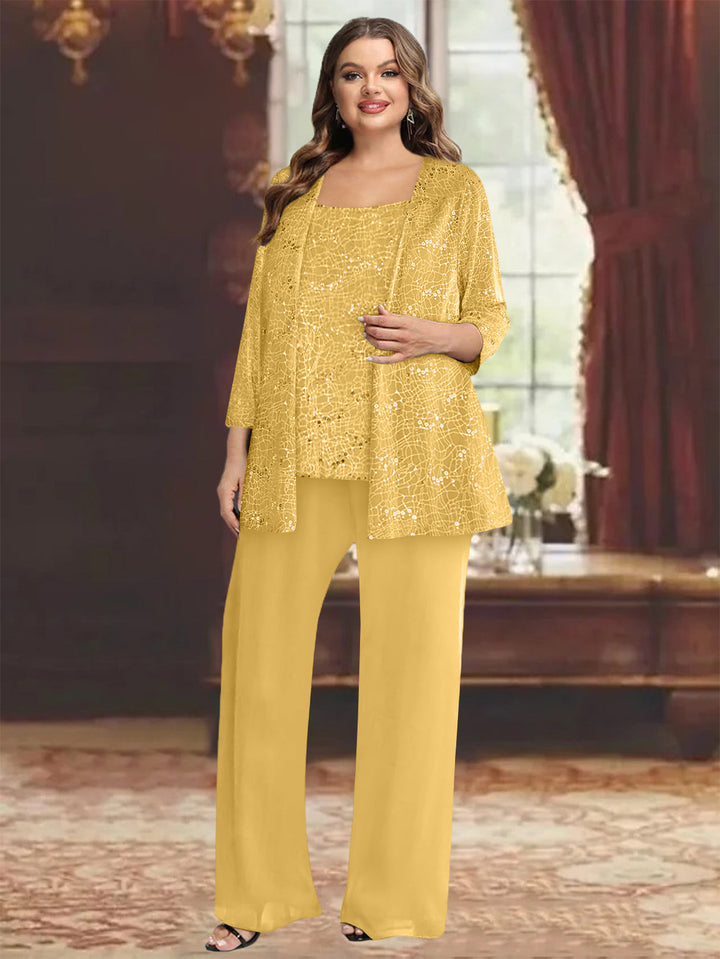 Tailleur-Pantalon Grande Taille en Mousseline de Soie pour Mère de la Mariée avec Veste et Paillettes