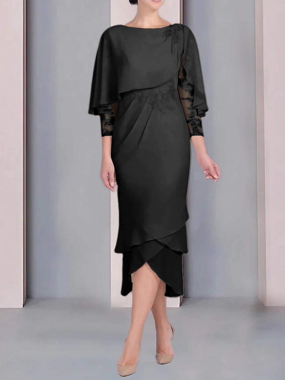 Robe de Mère de la Mariée Fourreau/Colonne à Manches Courtes et Longueur Thé avec Appliques et Dentelle