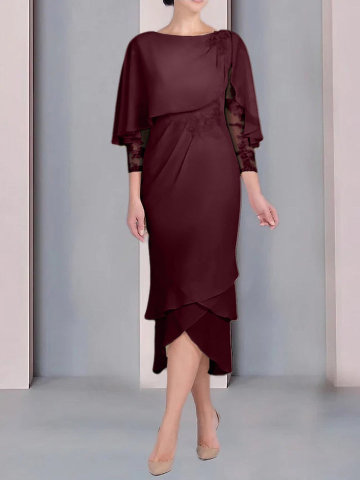 Robe de Mère de la Mariée Fourreau/Colonne à Manches Courtes et Longueur Thé avec Appliques et Dentelle