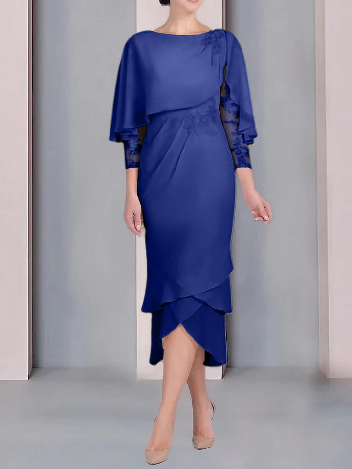 Robe de Mère de la Mariée Fourreau/Colonne à Manches Courtes et Longueur Thé avec Appliques et Dentelle