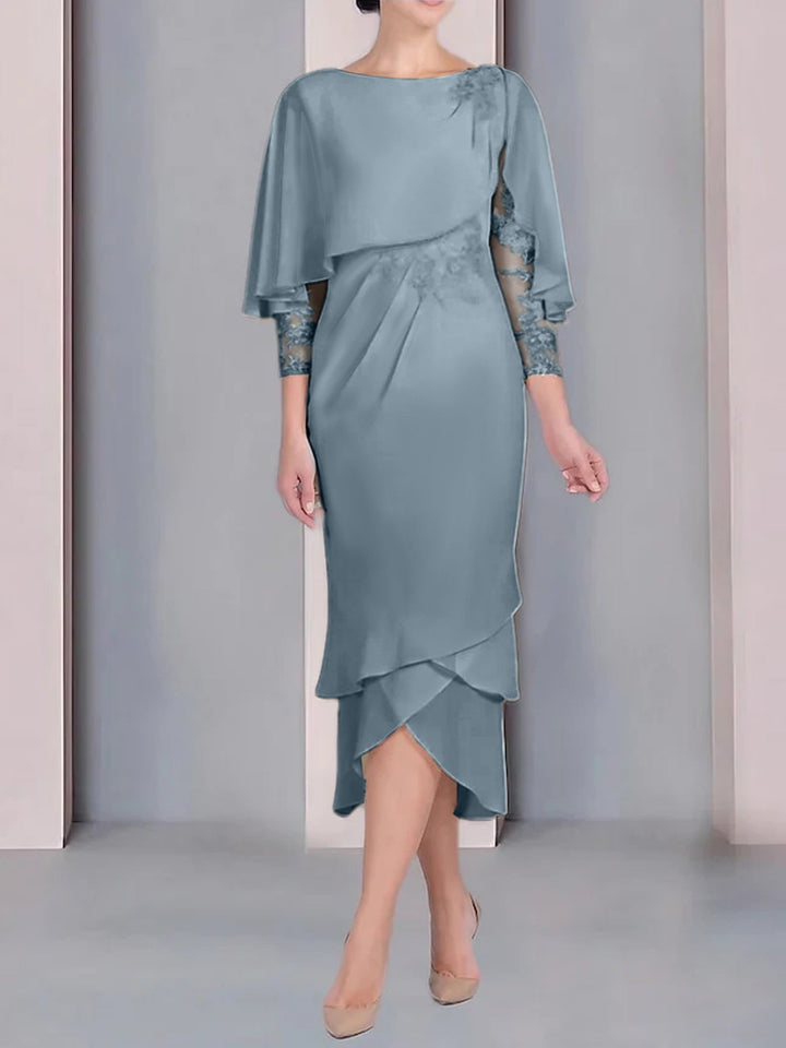 Robe de Mère de la Mariée Fourreau/Colonne à Manches Courtes et Longueur Thé avec Appliques et Dentelle