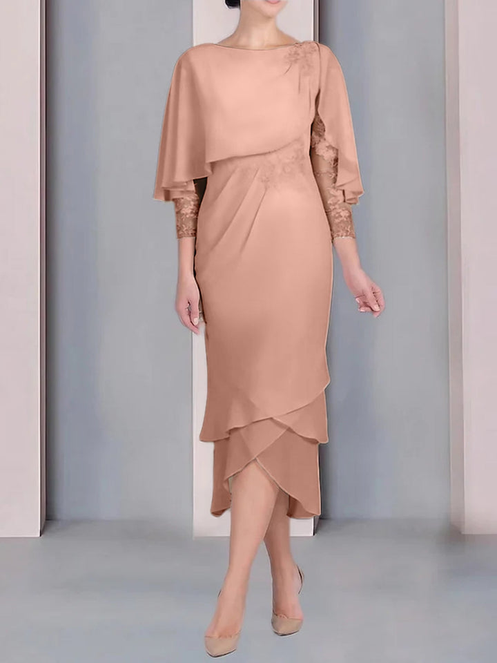 Robe de Mère de la Mariée Fourreau/Colonne à Manches Courtes et Longueur Thé avec Appliques et Dentelle