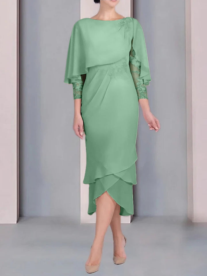 Robe de Mère de la Mariée Fourreau/Colonne à Manches Courtes et Longueur Thé avec Appliques et Dentelle