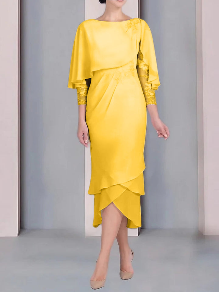 Robe de Mère de la Mariée Fourreau/Colonne à Manches Courtes et Longueur Thé avec Appliques et Dentelle