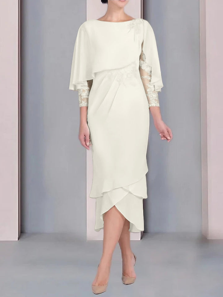 Robe de Mère de la Mariée Fourreau/Colonne à Manches Courtes et Longueur Thé avec Appliques et Dentelle