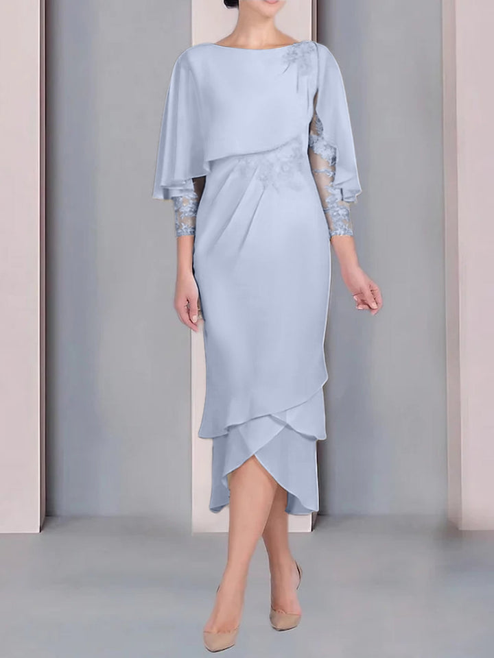 Robe de Mère de la Mariée Fourreau/Colonne à Manches Courtes et Longueur Thé avec Appliques et Dentelle