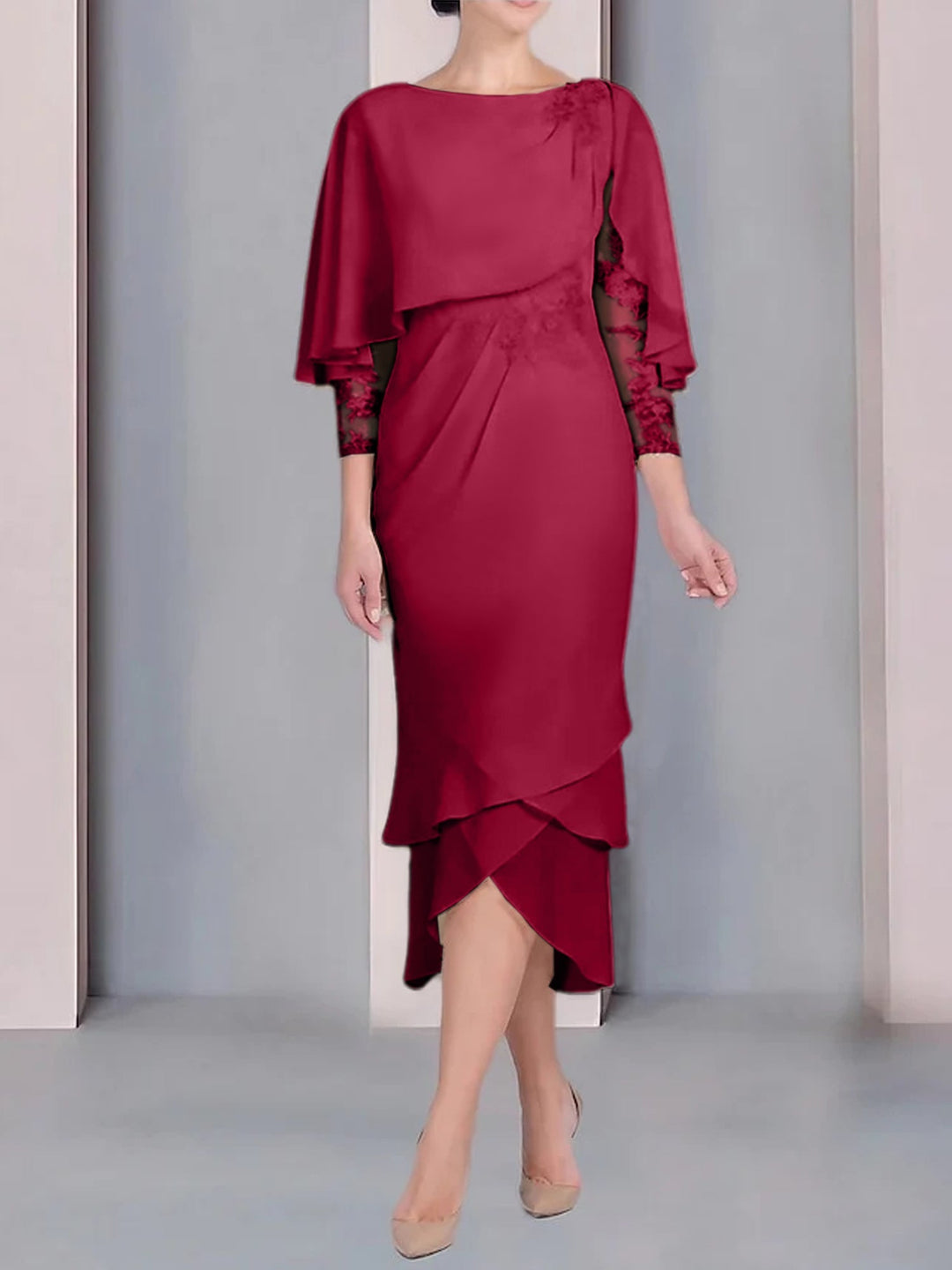 Robe de Mère de la Mariée Fourreau/Colonne à Manches Courtes et Longueur Thé avec Appliques et Dentelle