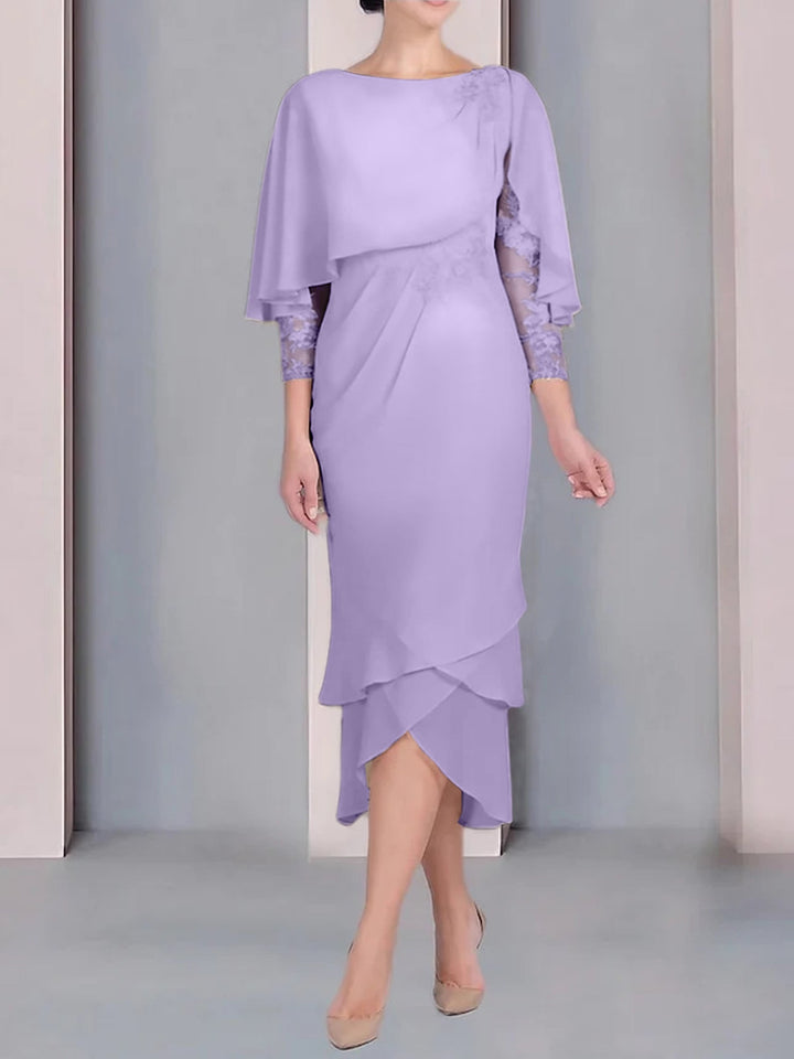 Robe de Mère de la Mariée Fourreau/Colonne à Manches Courtes et Longueur Thé avec Appliques et Dentelle