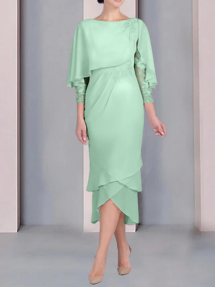 Robe de Mère de la Mariée Fourreau/Colonne à Manches Courtes et Longueur Thé avec Appliques et Dentelle