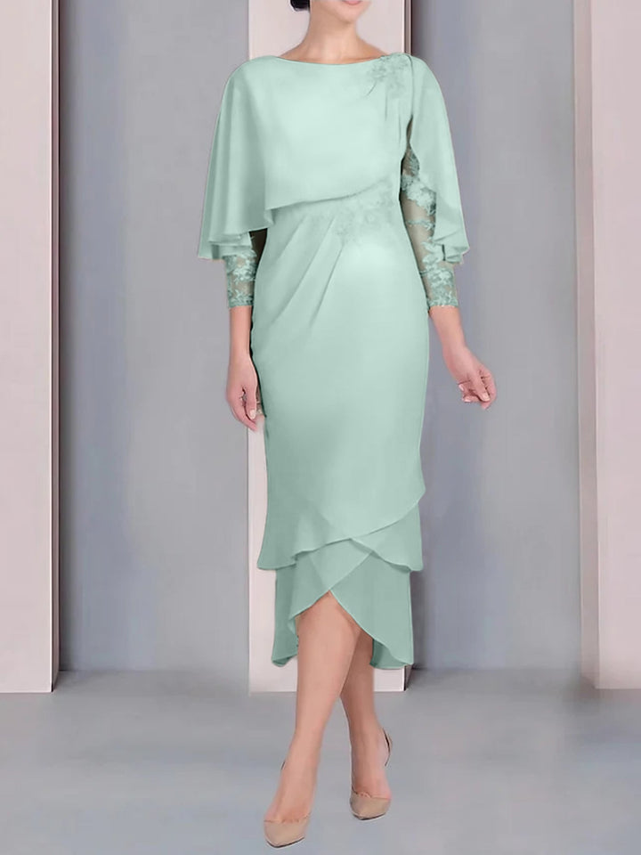 Robe de Mère de la Mariée Fourreau/Colonne à Manches Courtes et Longueur Thé avec Appliques et Dentelle