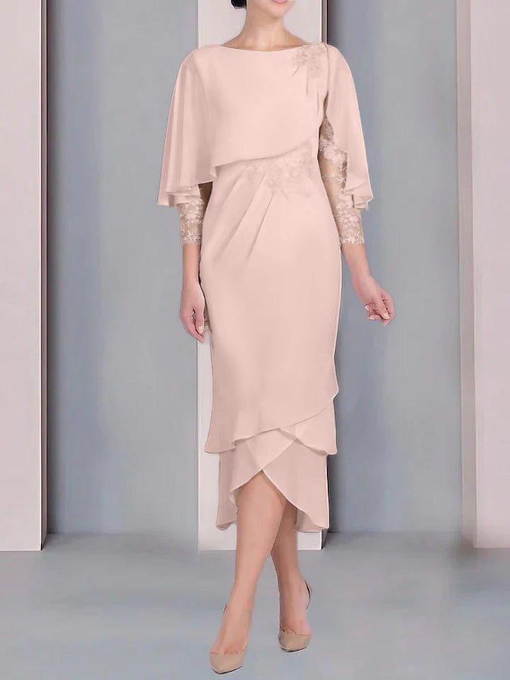 Robe de Mère de la Mariée Fourreau/Colonne à Manches Courtes et Longueur Thé avec Appliques et Dentelle