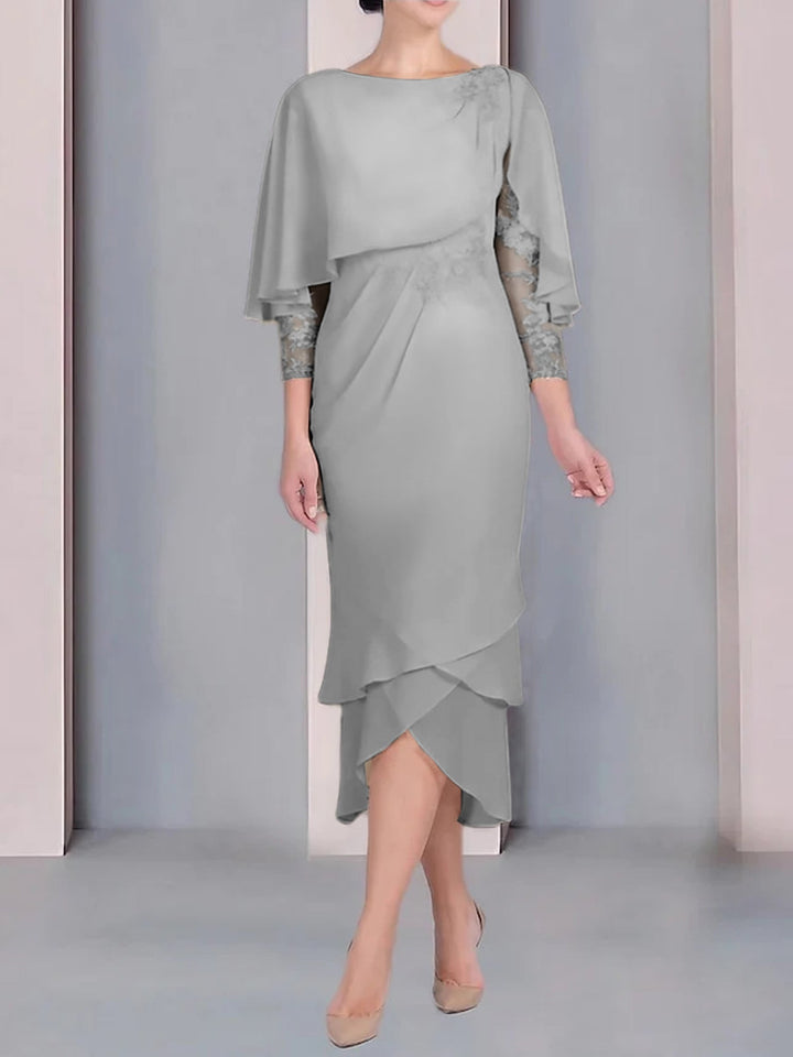 Robe de Mère de la Mariée Fourreau/Colonne à Manches Courtes et Longueur Thé avec Appliques et Dentelle