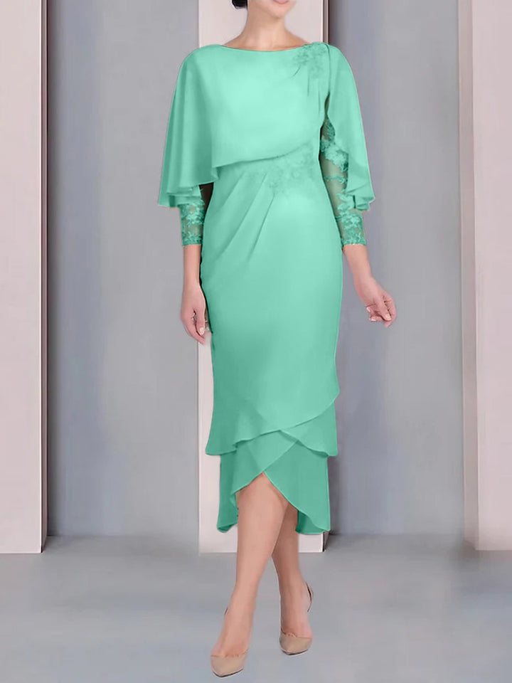 Robe de Mère de la Mariée Fourreau/Colonne à Manches Courtes et Longueur Thé avec Appliques et Dentelle