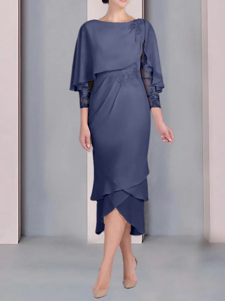 Robe de Mère de la Mariée Fourreau/Colonne à Manches Courtes et Longueur Thé avec Appliques et Dentelle