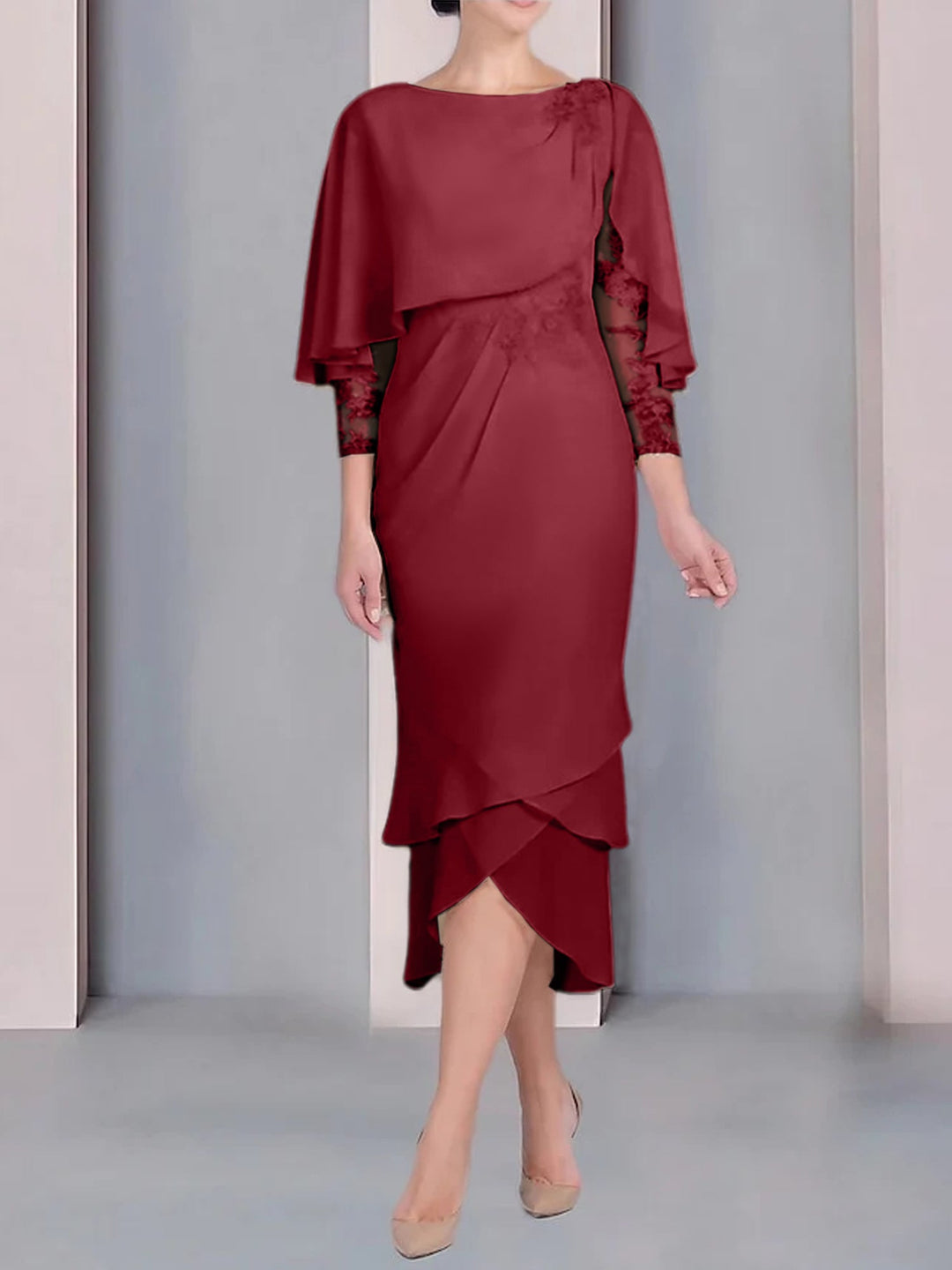 Robe de Mère de la Mariée Fourreau/Colonne à Manches Courtes et Longueur Thé avec Appliques et Dentelle