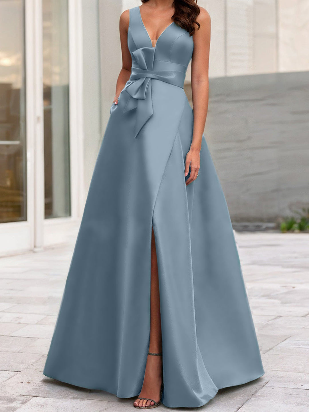 Robe de Mère de la Mariée Coupe A-Line/Princess à Col en V Sans Manches avec Fente Sur le Côté