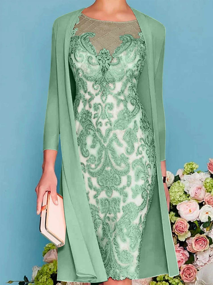 Robe de Mère de la Mariée Fourreau/Colonne à Manches Longues et Longueur Genou avec Appliques en Dentelle et Perles