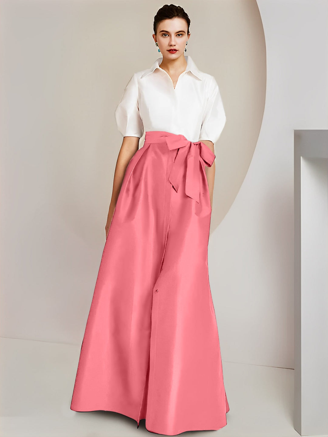 Robe Mère de la Mariée 2 Pièces Coupe A-Line/Princess, Col Chemise, Manches Courtes, Longueur Au Sol, avec Nœud