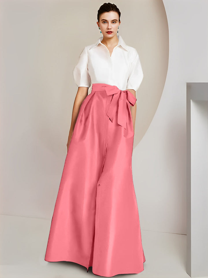 Robe Mère de la Mariée 2 Pièces Coupe A-Line/Princess, Col Chemise, Manches Courtes, Longueur Au Sol, avec Nœud