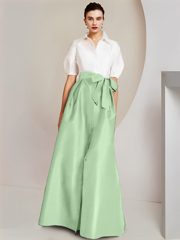 Robe Mère de la Mariée 2 Pièces Coupe A-Line/Princess, Col Chemise, Manches Courtes, Longueur Au Sol, avec Nœud