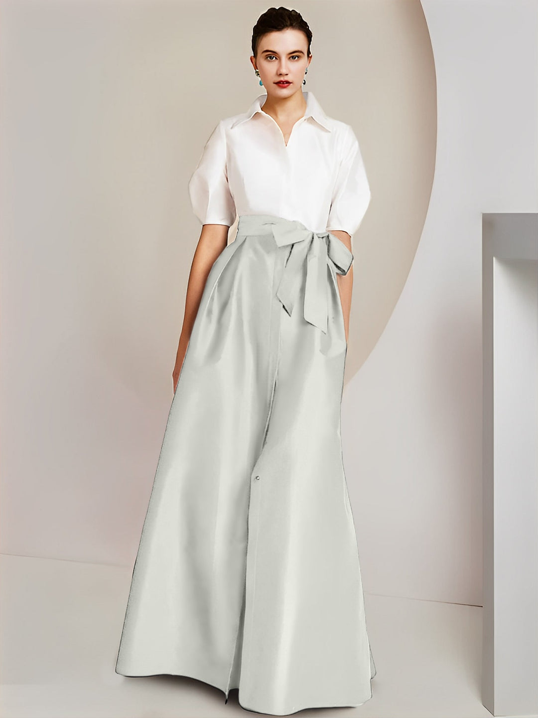 Robe Mère de la Mariée 2 Pièces Coupe A-Line/Princess, Col Chemise, Manches Courtes, Longueur Au Sol, avec Nœud