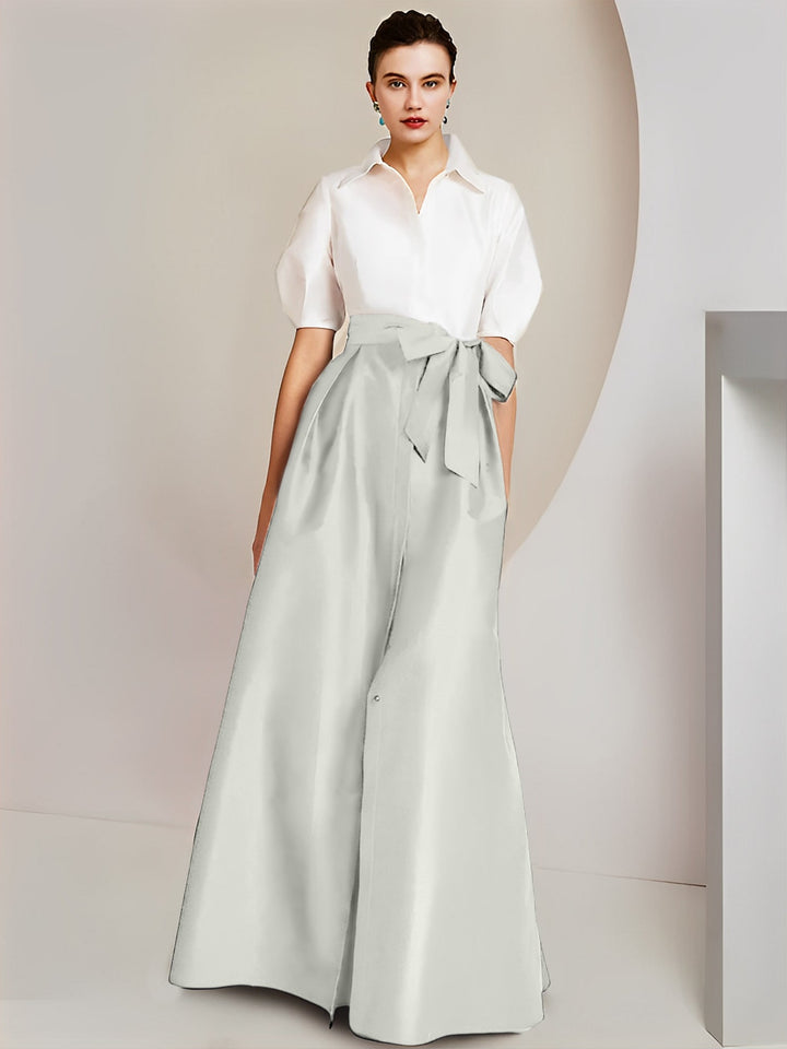 Robe Mère de la Mariée 2 Pièces Coupe A-Line/Princess, Col Chemise, Manches Courtes, Longueur Au Sol, avec Nœud