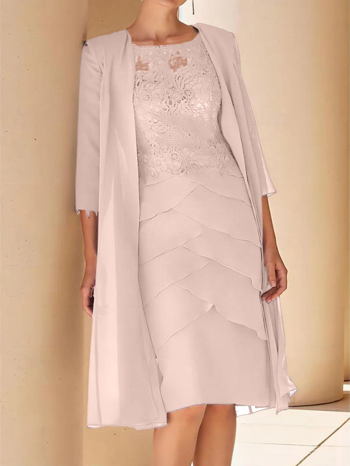 Robe de Mère de la Mariée Fourreau/Colonne à Col Bijou, Manches Courtes, Longueur Genou, avec Dentelle