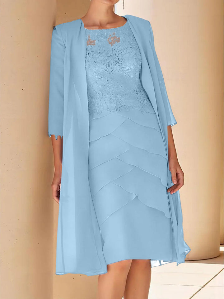 Robe de Mère de la Mariée Fourreau/Colonne à Col Bijou, Manches Courtes, Longueur Genou, avec Dentelle