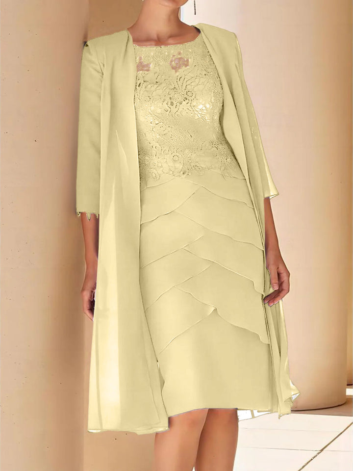 Robe de Mère de la Mariée Fourreau/Colonne à Col Bijou, Manches Courtes, Longueur Genou, avec Dentelle