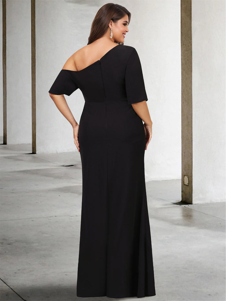 Robe de Mère de la Mariée A-Line/Princess à Une Épaule et Manches 3/4 de Couleur Unie, Grande Taille, Longueur Au Sol