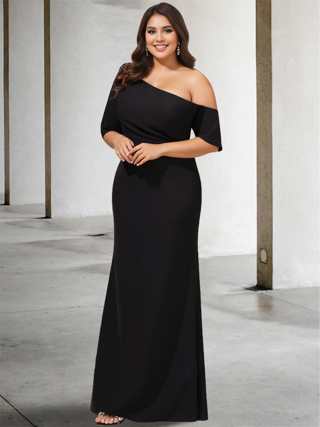 Robe de Mère de la Mariée A-Line/Princess à Une Épaule et Manches 3/4 de Couleur Unie, Grande Taille, Longueur Au Sol
