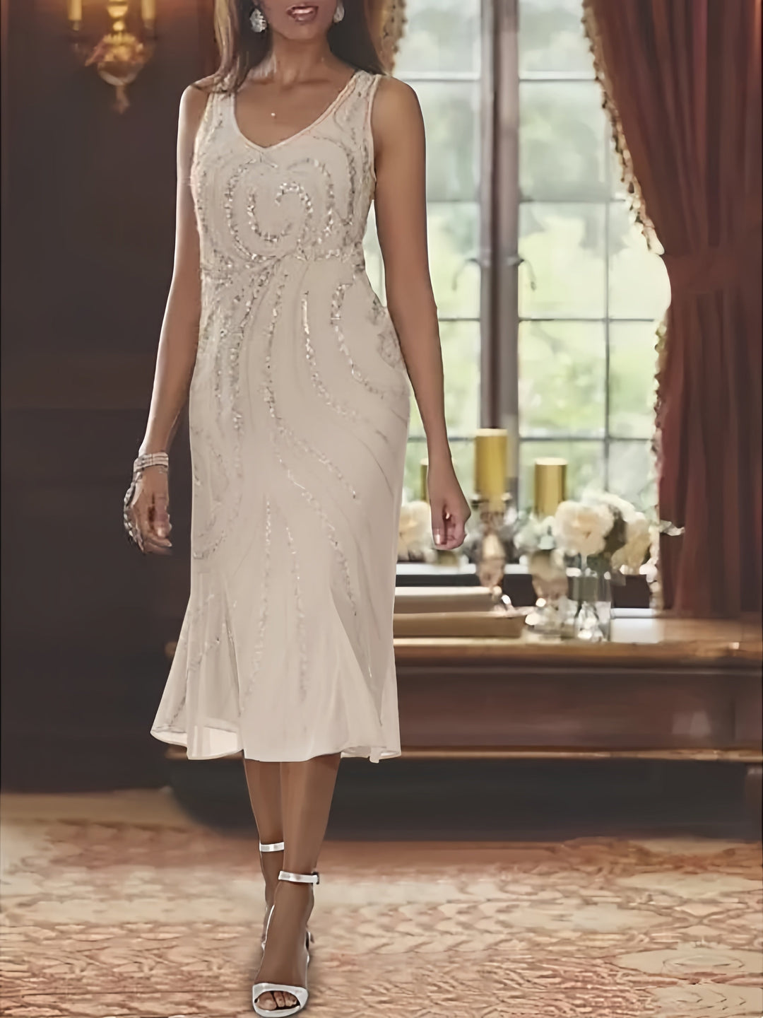 Robe de Mère de la Mariée en Mousseline 2 Pièces à Col en V et Longueur Genou avec Veste et Paillettes