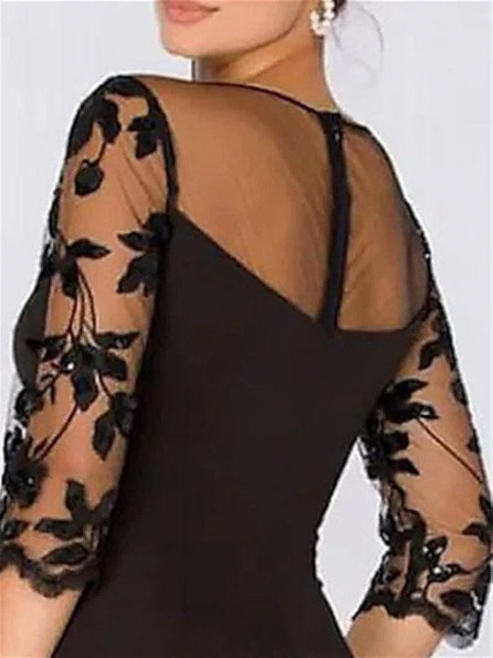 Robe de Mère de la Mariée Coupe A-Line/Princess, Manches 3/4, Longueur Au Sol, avec Dentelle et Fente Sur le Côté