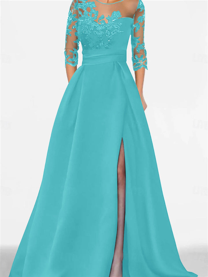 Robe de Mère de la Mariée Coupe A-Line/Princess, Manches 3/4, Longueur Au Sol, avec Dentelle et Fente Sur le Côté