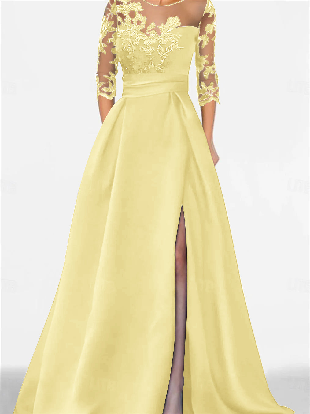 Robe de Mère de la Mariée Coupe A-Line/Princess, Manches 3/4, Longueur Au Sol, avec Dentelle et Fente Sur le Côté