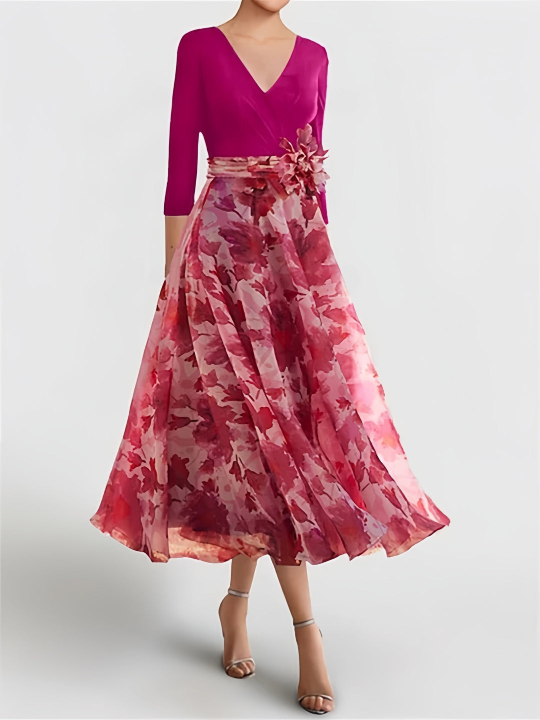 Robe de Mère de la Mariée à Fleurs, Coupe A-Line/Princesse, Col en V, Manches 3/4, Longueur Cheville