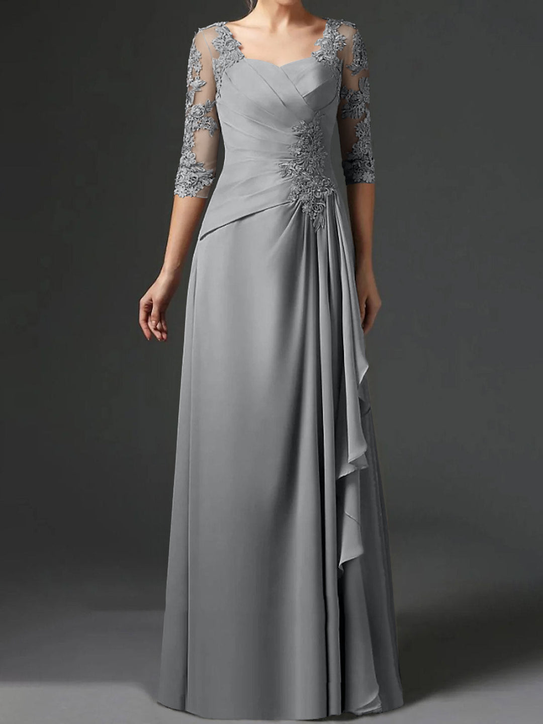 Robe de Mère de la Mariée Coupe A-Line/Princess à Col Carré et Manches Mi-Longues avec Fronces