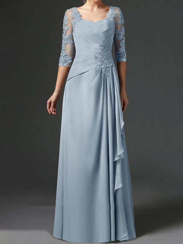 Robe de Mère de la Mariée Coupe A-Line/Princess à Col Carré et Manches Mi-Longues avec Fronces