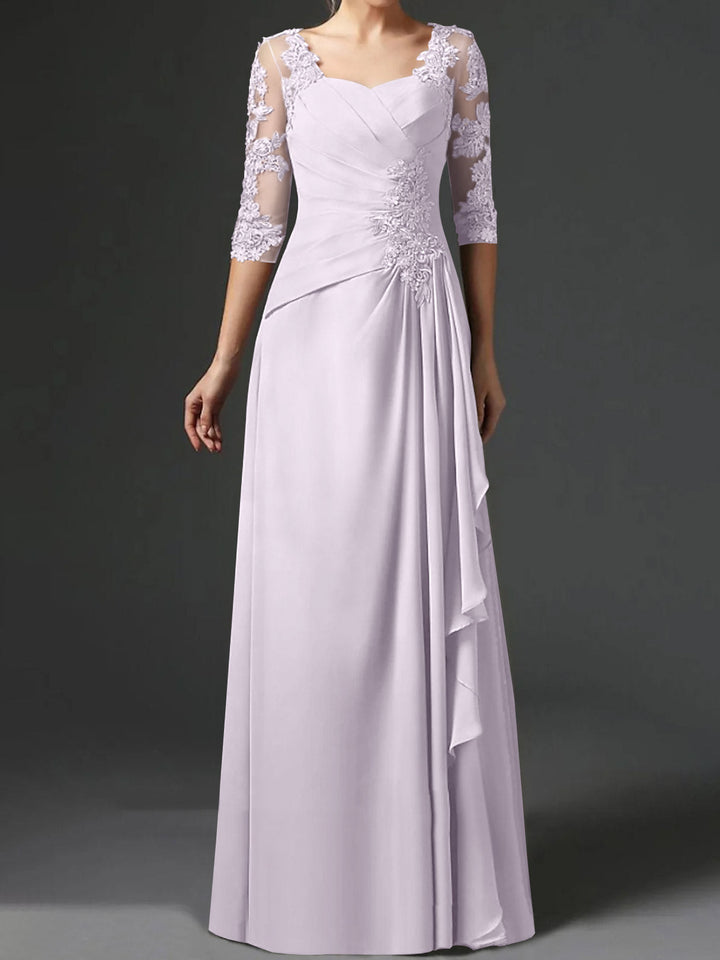Robe de Mère de la Mariée Coupe A-Line/Princess à Col Carré et Manches Mi-Longues avec Fronces