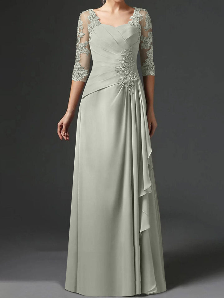 Robe de Mère de la Mariée Coupe A-Line/Princess à Col Carré et Manches Mi-Longues avec Fronces