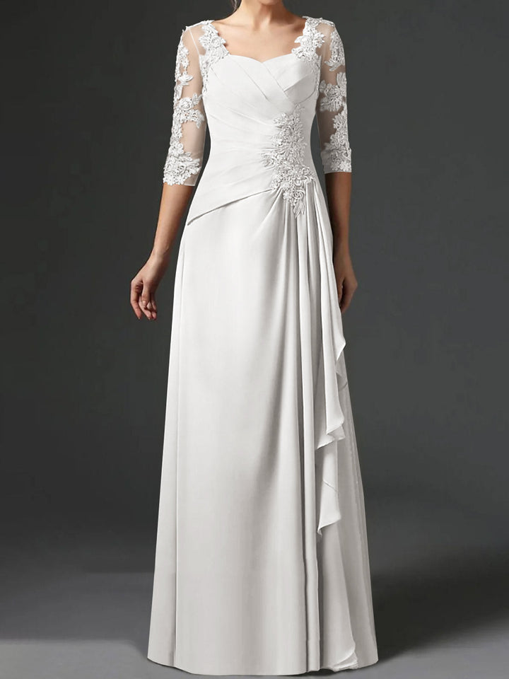 Robe de Mère de la Mariée Coupe A-Line/Princess à Col Carré et Manches Mi-Longues avec Fronces