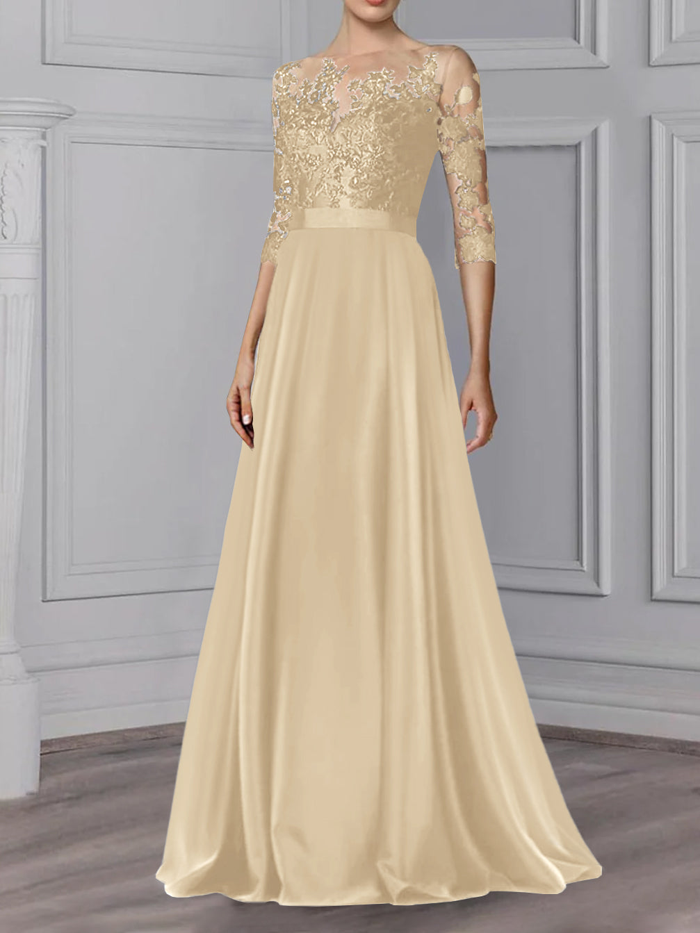 Robe de Mère de la Mariée Coupe A-Line/Princess, Col Bijou, Manches 3/4, Longueur Au Sol